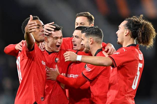 Rennes Panathinaikos PHOTOPQR OUEST FRANCE Philippe Renault ; Rennes ; 09 11 2023 ; UEFA. Europa League. Phase de groupe. Football. Rennes Panathinaikos . Joie des Rennais après le but de Fabian Rieder Photo Philippe Renault Ouest-France UEFA Europa League Group F soccer match between Stade Rennais FC and Panathinaikos FC, in Rennes, France, 09 November 2023.