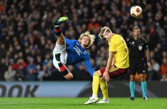 Glasgow, Scotland, 9th November 2023. Todd Cantwell of Rangers and Jaroslav ZelenÃ½ of Sparta Prague during the UEFA Europa League match at Ibrox Stadium, Glasgow. Picture credit should read: Neil Hanna Sportimage EDITORIAL USE ONLY. No use with unauthorised audio, video, data, fixture lists, club league logos or live services. Online in-match use limited to 120 images, no video emulation. No use in betting, games or single club league player publications. SPI-2721-0019