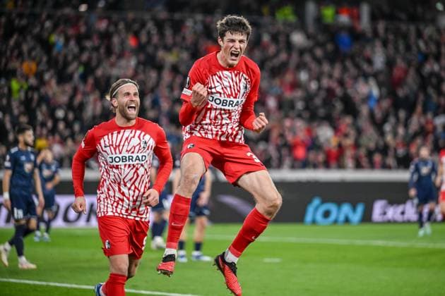 09.11.2023, Freiburg, Germany, Stadion am Wolfswinkel, SC Freiburg vs FK TSC Backa Topola - UEFA Europa League 2023 24 - Group A, Merlin Roehl (SC Freiburg) Torjubel, jubelt nach seinem treffer zum 1:0 (Foto H. Langer) Freiburg Stadion am Wolfswinkel Germany