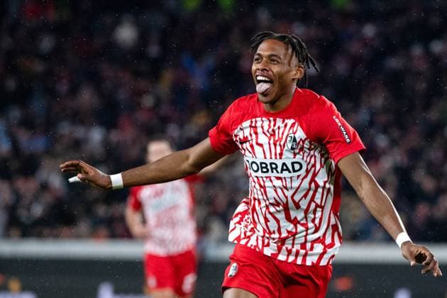 Junior Adamu (SC Freiburg, 20) jubelt ueber das Tor zum 4:0, GER, SC Freiburg vs FK TSC Backa Topola, Fussball UEFA Europa League, Gruppe A, 4. Spieltag, Saison 2023 2024, 09.11.2023 GER, SC Freiburg vs FK TSC Backa Topola, Fussball UEFA Europa League, Gruppe A, 4. Spieltag, Saison 2023 2024, 09.11.2023 Freiburg Copyright: xEibner-Pressefoto Memmlerx EP_MMR