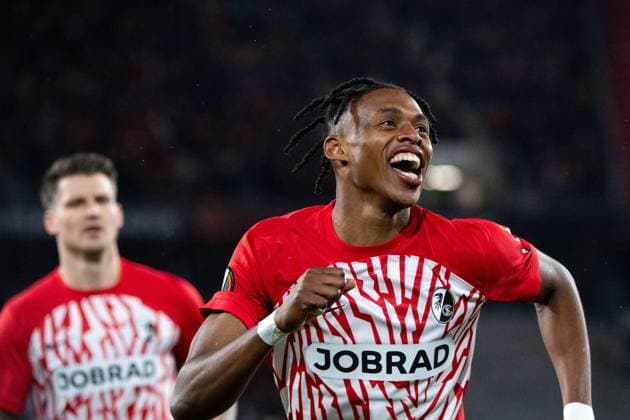 Junior Adamu (SC Freiburg, 20) jubelt ueber das Tor zum 4:0, GER, SC Freiburg vs FK TSC Backa Topola, Fussball UEFA Europa League, Gruppe A, 4. Spieltag, Saison 2023 2024, 09.11.2023 GER, SC Freiburg vs FK TSC Backa Topola, Fussball UEFA Europa League, Gruppe A, 4. Spieltag, Saison 2023 2024, 09.11.2023 Freiburg Copyright: xEibner-Pressefoto Memmlerx EP_MMR