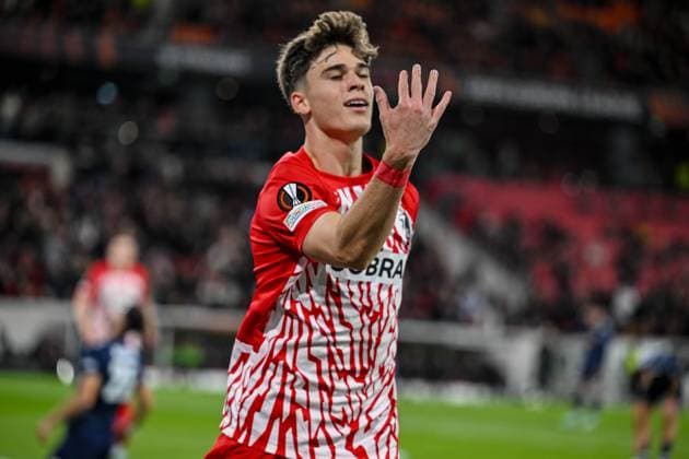 09.11.2023, Freiburg, Germany, Stadion am Wolfswinkel, SC Freiburg vs FK TSC Backa Topola - UEFA Europa League 2023 24 - Group A, Noah Weisshaupt (SC Freiburg) Torjubel, jubelt nach seinem treffer zum 3:0 (Foto H. Langer) Freiburg Stadion am Wolfswinkel Germany