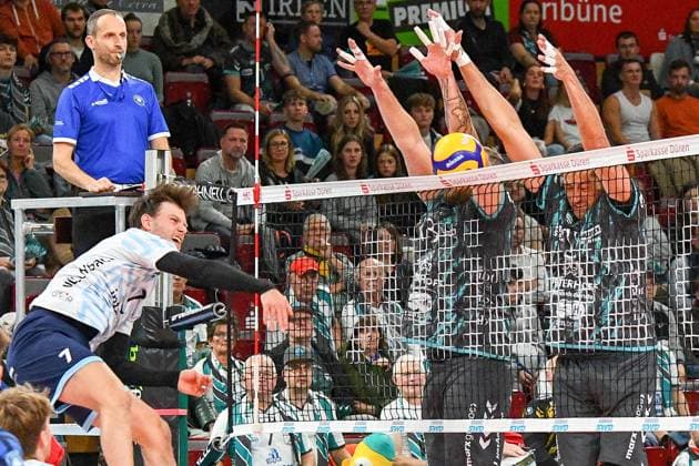 v.li.: Fabian Bergmoser (ASV Dachau, 7) mit einem Schmetterball, Aktion, Action, Spielszene, 09.11.2023, Düren (Deutschland), Volleyball, 1. Bundesliga, SWD Powervolleys Düren - ASV Dachau