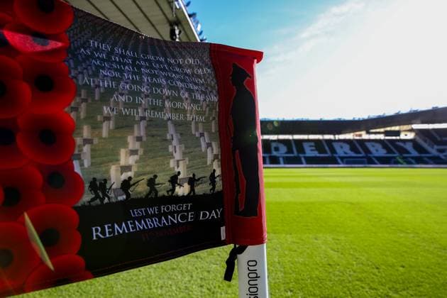 Derby County v Barnsley EFL Sky Bet League 1 11 11 2023. A general view inside Pride Park Stadium Remembrance Day corner flag corner flag during the EFL Sky Bet League 1 match between Derby County and Barnsley at the Pride Park, Derby, England on 11 November 2023. Editorial use only DataCo restrictions apply See www.football-dataco.com , Copyright: xJezxTighex PSI-18377-0002