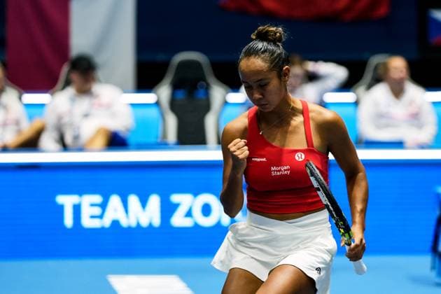 November 11, 2023: Leylah Fernandez of Canada celebrates during tennis match between Czechia and Canada The Billie Jean King Cup Finals 2023 at La Cartuja stadium on November 11, 2023, in Sevilla, Spain - ZUMAa181 20231111_zaa_a181_174 Copyright: xJoaquinxCorcherox