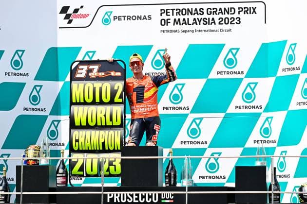 Sport Bilder des Tages Motorsport, Moto2, GP Malaysia in Sepang, Pedro Acosta - jüngster Moto2 Weltmeister der Geschichte Pedro Acosta is the new Moto2 champion at Petronas Grand Prix of Malaysia of MotoGP at Sepang Circuit. November 12 2023 In picture: Pedro Acosta Pedro Acosta se proclama campeon de Moto2 en el Gran Premio de MotoGP de Malasia en el Circuito Internacional de Sepang. 12 de Noviembre de 2023 POOL MotoGP.com Cordon Press Images will be for editorial use only. Mandatory credit: MotoGP.com Cordon Press Cordon Press