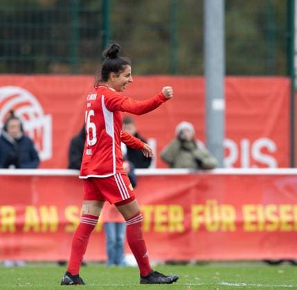 Fussball, Frauen, Saison 2023 2024, Regionalliga Nordost (10. Spieltag), 1. FC Union Berlin - Türkiyemspor Berlin, Sarah Abu Sabbah (1. Frauen, 1. FC Union Berlin), Jubel nach Tor zum 8:0, 12.11. 2023, Copyright: xSebastianxRäppold MatthiasxKochx