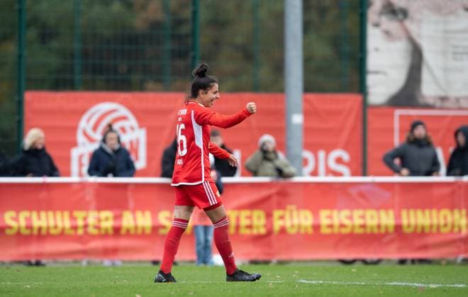 Fussball, Frauen, Saison 2023 2024, Regionalliga Nordost (10. Spieltag), 1. FC Union Berlin - Türkiyemspor Berlin, Sarah Abu Sabbah (1. Frauen, 1. FC Union Berlin), Jubel nach Tor zum 8:0, 12.11. 2023, Copyright: xSebastianxRäppold MatthiasxKochx
