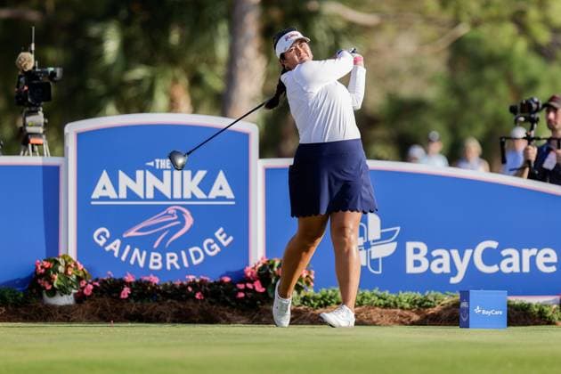 November 12, 2023, Belleair, Florida, USA: Lillia Vu tees off on the 18th hole of the Annika at the Pelican Golf Club on Sunday, Nov. 12, 2023 in Belleair. Belleair USA - ZUMAs70_ 0334456045st Copyright: xLuisxSantanax