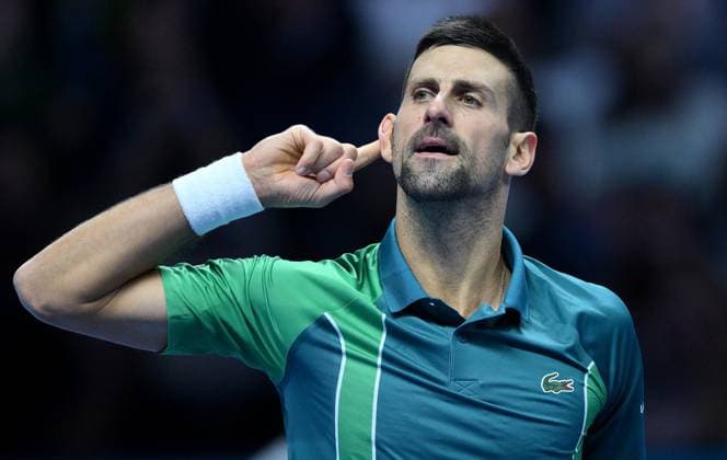 Sport Themen der Woche KW45 Sport Bilder des Tages November 12, 2023, Turin: Novak Djokovic of Serbia in action during the Nitto ATP, Tennis Herren Finals 2023 tennis tournament at the Pala Alpitour arena in Turin, Italy, 12 November 2023. ANSA ALESSANDRO DI MARCO Tennis ATP Finals 2023  - ZUMAa110 20231112_zaf_a110_106 Copyright: xAlessandroxDixMarcox
