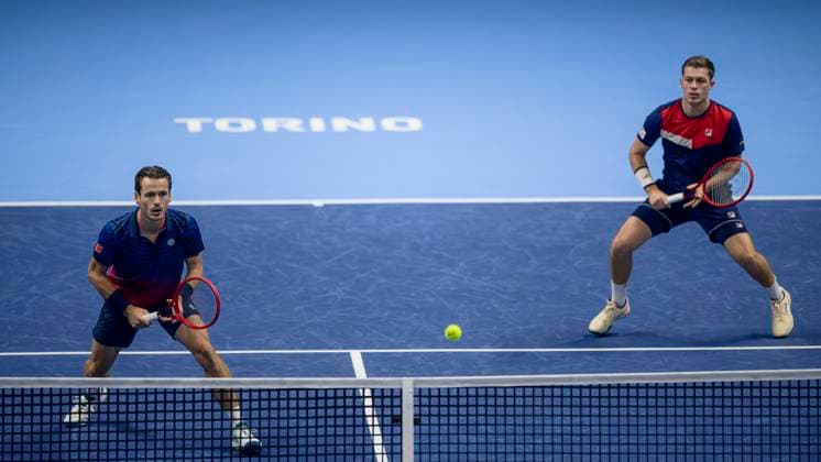 Nitto ATP, Tennis Herren Finals - Day Two Wesley Koolhof (L) of Netherlands and Neal Skupski of Great Britain are seen in action during the round robin doubles match against Jason Kubler and Rinky Hijikata of Australia during day two of the Nitto ATP Finals. Wesley Koolhof and Neal Skupski won 6-3, 6-4. Turin Italy Copyright: xNicolòxCampox