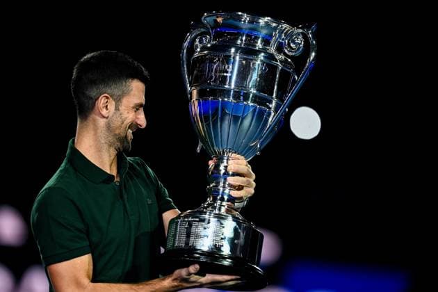Foto Marco Alpozzi LaPresse 13 Novembre 2023 Torino - Italia - - Tennis Nitto ATP, Tennis Herren Finals - Novak Djokovic riceve il trofeo di fine anno come numero 1 dell ATP Nella foto: Novak Djokovic (Serbia) November 13, 2023 Turin - Italy - Sport - Tennis Nitto ATP Finals - Novak Djokovic receive the year-end ATP No. 1 trophy In the pic: Novak Djokovic (Serbia)  Copyright: xMarcoxAlpozzi LaPressex