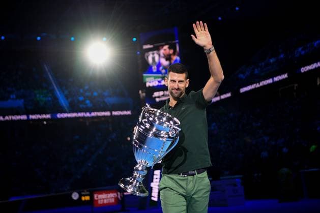 Foto Marco Alpozzi LaPresse 13 Novembre 2023 Torino - Italia - - Tennis Nitto ATP, Tennis Herren Finals - Novak Djokovic riceve il trofeo di fine anno come numero 1 dell ATP Nella foto: Novak Djokovic (Serbia) November 13, 2023 Turin - Italy - Sport - Tennis Nitto ATP Finals - Novak Djokovic receive the year-end ATP No. 1 trophy In the pic: Novak Djokovic (Serbia)  Copyright: xMarcoxAlpozzi LaPressex