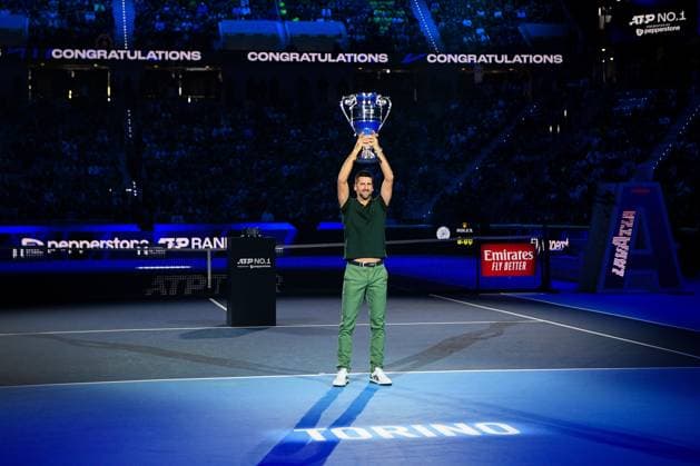 Foto Marco Alpozzi LaPresse 13 Novembre 2023 Torino - Italia - - Tennis Nitto ATP, Tennis Herren Finals - Novak Djokovic riceve il trofeo di fine anno come numero 1 dell ATP Nella foto: Novak Djokovic (Serbia) November 13, 2023 Turin - Italy - Sport - Tennis Nitto ATP Finals - Novak Djokovic receive the year-end ATP No. 1 trophy In the pic: Novak Djokovic (Serbia)  Copyright: xMarcoxAlpozzi LaPressex