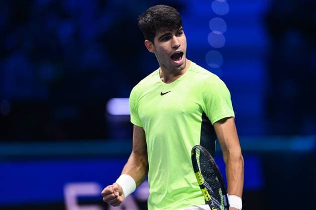 Foto Marco Alpozzi LaPresse 13 Novembre 2023 Torino - Italia - - Tennis Nitto ATP, Tennis Herren Finals - Carlos ALCARAZ (ESP) vs Alexander ZVEREV (GER) Nella foto: Carlos Alcaraz (Spain) react November 13, 2023 Turin - Italy - Sport - Tennis Nitto ATP Finals - Carlos ALCARAZ (ESP) vs Alexander ZVEREV (GER) In the pic:Carlos Alcaraz (Spain) react  Copyright: xMarcoxAlpozzi LaPressex