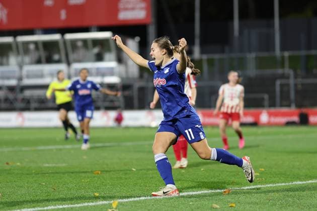 Google Pixel Frauen-Bundesliga 2023-2024, 1. FC Köln - TSG Hoffenheim Tor zum 0:1 für TSG Hoffenheim durch Mara Alber (TSG, 11), Jubel Köln Franz-Kremer-Stadion Nordrhein-Westfalen Deutschland