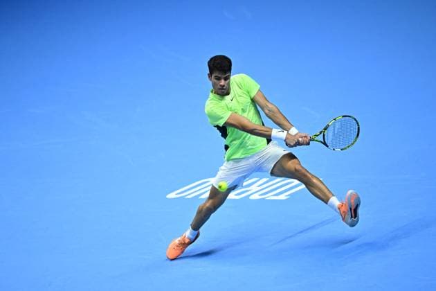 Nitto ATP, Tennis Herren Finals - Turin Carlos Alcaraz (ESP) during his first round match at the 2023 Nitto ATP Finals in Turin, Italy, on November 13, 2023. Photo by Corinne Dubreuil ABACAPRESS.COM Turin Italy  Copyright: xDubreuilxCorinne ABACAx