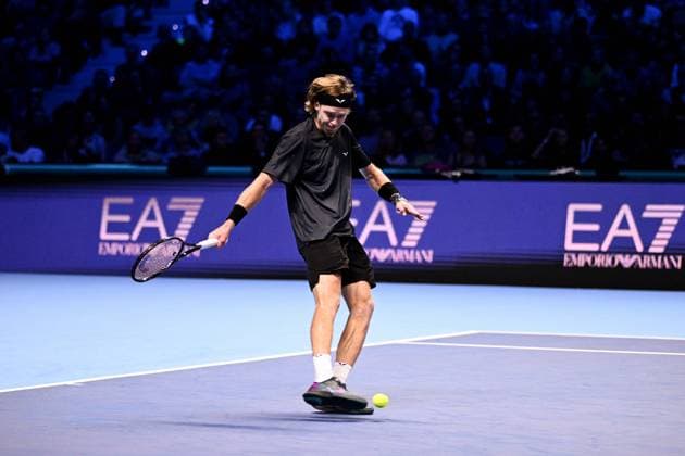 Foto Marco Alpozzi LaPresse 13 Novembre 2023 Torino - Italia - - Tennis Nitto ATP, Tennis Herren Finals - Daniil MEDVEDEV (RUS) vs Andrey RUBLEV (RUS) Nella foto: Andrey Rublev (Russia) react and kicks the ball November 13, 2023 Turin - Italy - Sport - Tennis Nitto ATP Finals - Daniil MEDVEDEV (RUS) vs Andrey RUBLEV (RUS) In the pic: Andrey Rublev (Russia) react and kicks the ball  Copyright: xMarcoxAlpozzi LaPressex