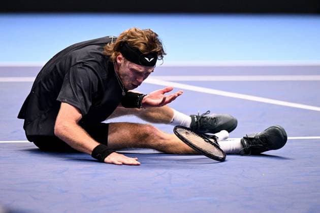 Foto Marco Alpozzi LaPresse 13 Novembre 2023 Torino - Italia - - Tennis Nitto ATP, Tennis Herren Finals - Daniil MEDVEDEV (RUS) vs Andrey RUBLEV (RUS) Nella foto: Andrey Rublev (Russia) react November 13, 2023 Turin - Italy - Sport - Tennis Nitto ATP Finals - Daniil MEDVEDEV (RUS) vs Andrey RUBLEV (RUS) In the pic: Andrey Rublev (Russia) react  Copyright: xMarcoxAlpozzi LaPressex