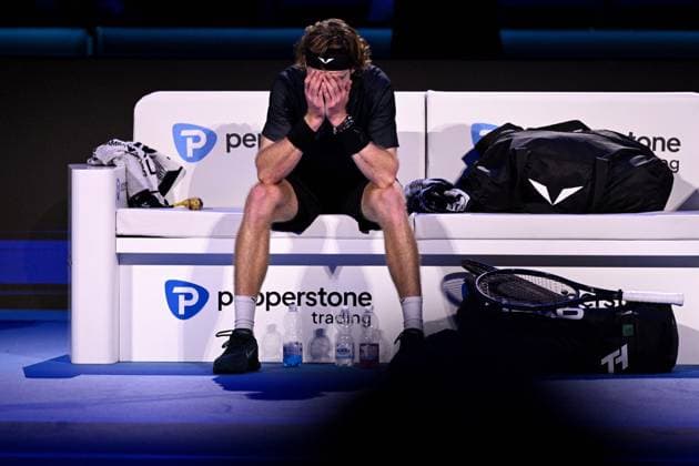 Foto Marco Alpozzi LaPresse 13 Novembre 2023 Torino - Italia - - Tennis Nitto ATP, Tennis Herren Finals - Daniil MEDVEDEV (RUS) vs Andrey RUBLEV (RUS) Nella foto: Andrey Rublev (Russia) react November 13, 2023 Turin - Italy - Sport - Tennis Nitto ATP Finals - Daniil MEDVEDEV (RUS) vs Andrey RUBLEV (RUS) In the pic: Andrey Rublev (Russia) react  Copyright: xMarcoxAlpozzi LaPressex
