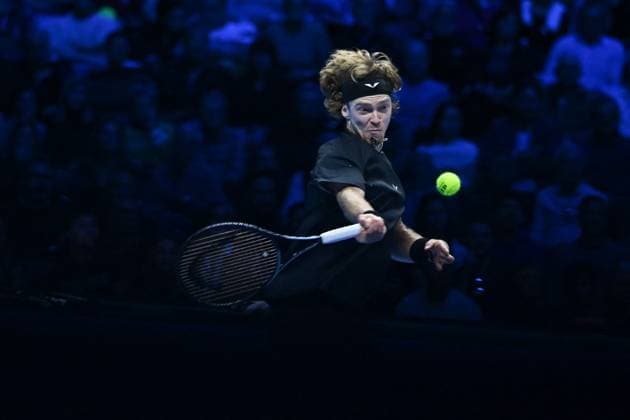 Nitto ATP, Tennis Herren Finals - Turin Andrey Rublev (RUS) during his first round match at the 2023 Nitto ATP Finals in Turin, Italy, on November 13, 2023. Photo by Corinne Dubreuil ABACAPRESS.COM Turin Italy  Copyright: xDubreuilxCorinne ABACAx