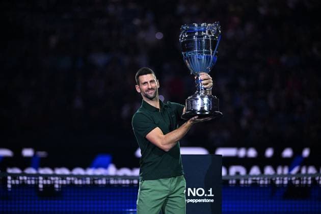 Novak Djokovic Wins 2023 Nitto ATP, Tennis Herren Finals - Turin Novak Djokovic (SRB) receives the trophy for finishing the year number one for the eight tim, at the 2023 Nitto ATP Finals in Turin, Italy, on November 13, 2023. Photo by Corinne Dubreuil ABACAPRESS.COM Turin Italy  Copyright: xDubreuilxCorinne ABACAx