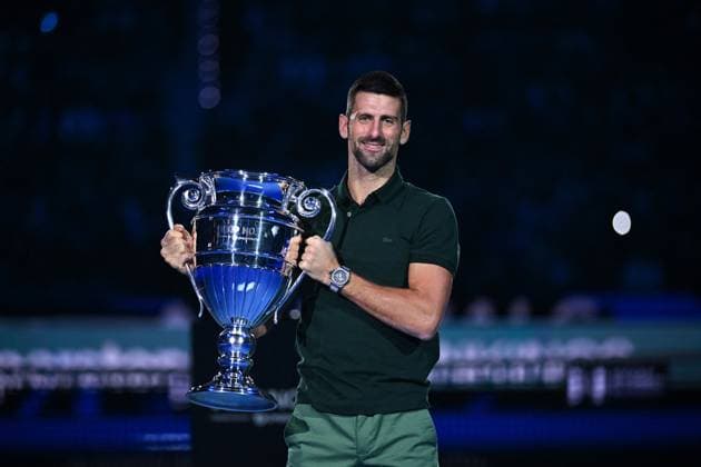 Novak Djokovic Wins 2023 Nitto ATP, Tennis Herren Finals - Turin Novak Djokovic (SRB) receives the trophy for finishing the year number one for the eight tim, at the 2023 Nitto ATP Finals in Turin, Italy, on November 13, 2023. Photo by Corinne Dubreuil ABACAPRESS.COM Turin Italy  Copyright: xDubreuilxCorinne ABACAx