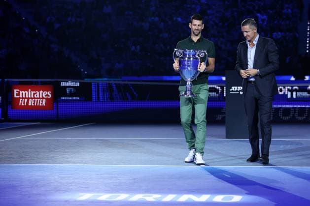 Nitto ATP, Tennis Herren World Tour Finals Novak Djokovic of Serbia is awarded with the trophy as best ATP player of the year 2023 during Day two of the Nitto ATP World Tour Finals at Pala Alpitour on November 13, 2023 in Turin, Italy Torino Pala Alpitour Italy Copyright: xMarcoxCanonierox