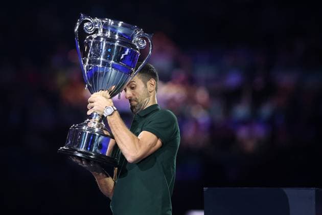 Nitto ATP, Tennis Herren World Tour Finals Novak Djokovic of Serbia is awarded with the trophy as best ATP player of the year 2023 during Day two of the Nitto ATP World Tour Finals at Pala Alpitour on November 13, 2023 in Turin, Italy Torino Pala Alpitour Italy Copyright: xMarcoxCanonierox