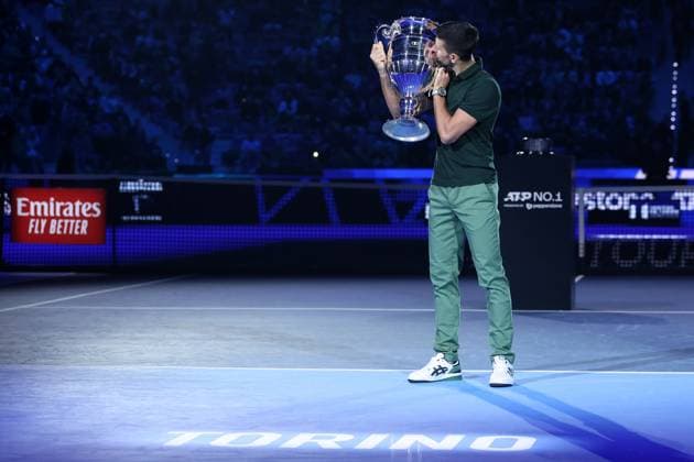 Nitto ATP, Tennis Herren World Tour Finals Novak Djokovic of Serbia is awarded with the trophy as best ATP player of the year 2023 during Day two of the Nitto ATP World Tour Finals at Pala Alpitour on November 13, 2023 in Turin, Italy Torino Pala Alpitour Italy Copyright: xMarcoxCanonierox