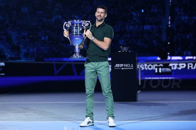 Nitto ATP, Tennis Herren World Tour Finals Novak Djokovic of Serbia is awarded with the trophy as best ATP player of the year 2023 during Day two of the Nitto ATP World Tour Finals at Pala Alpitour on November 13, 2023 in Turin, Italy Torino Pala Alpitour Italy Copyright: xMarcoxCanonierox