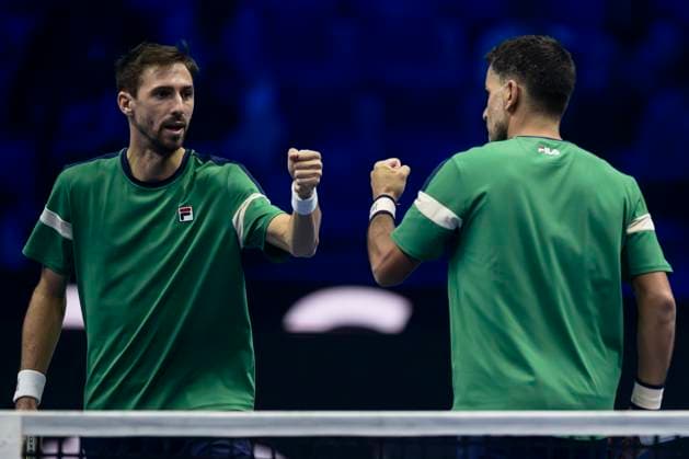 Nitto ATP, Tennis Herren Finals - Day Three Andres Molteni (L) and Maximo Gonzalez of Argentina celebrate during the round robin doubles match against Santiago Gonzalez of Mexico and Edouard Roger-Vasselin of France during day three of the Nitto ATP Finals. Santiago Gonzalez and Edouard Roger-Vasselin won 6-4, 6-4. Turin Italy Copyright: xNicolòxCampox