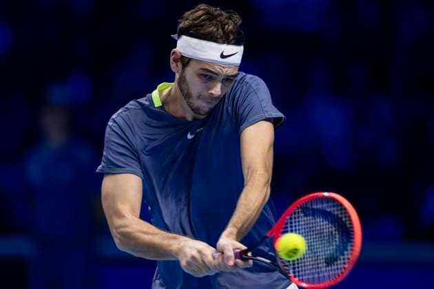 Nitto ATP, Tennis Herren Finals - Day Three Taylor Fritz of USA plays a backhand during the exhibition singles match against Hubert Hurkacz of Poland during day three of the Nitto ATP Finals. Turin Italy Copyright: xNicolòxCampox
