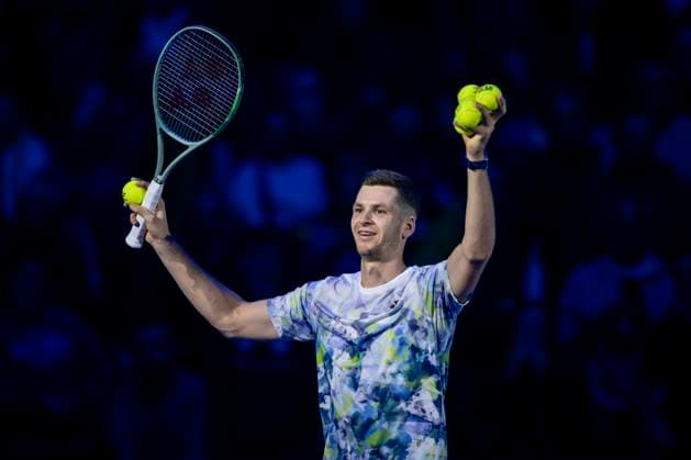 Sport Bilder des Tages Nitto ATP, Tennis Herren Finals - Day Three Hubert Hurkacz of Poland celebrates at the end of the exhibition singles match against Taylor Fritz of USA during day three of the Nitto ATP Finals. Turin Italy Copyright: xNicolòxCampox