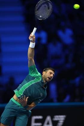 (231115) -- TURIN, Nov. 15, 2023 -- Novak Djokovic serves during the group stage match between Novak Djokovic of Serbia and Jannik Sinner of Italy at ATP, Tennis Herren Finals tennis tournament in Turin, Italy, Nov. 14, 2023. (Photo by Xinhua) (SP)ITALY-TURIN-TENNIS-ATP FINALS AlbertoxLingria 