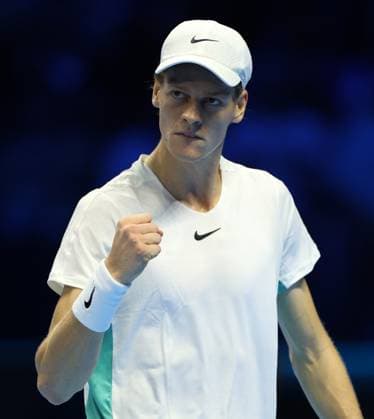 (231115) -- TURIN, Nov. 15, 2023 -- Jannik Sinner celebrates scoring during the group stage match between Novak Djokovic of Serbia and Jannik Sinner of Italy at ATP, Tennis Herren Finals tennis tournament in Turin, Italy, Nov. 14, 2023. (Photo by Xinhua) (SP)ITALY-TURIN-TENNIS-ATP FINALS AlbertoxLingria 