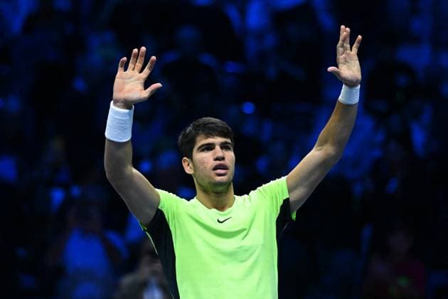 2023 Nitto ATP, Tennis Herren Finals - Turin Carlos Alcaraz (ESP) during his second round match at the 2023 Nitto ATP Finals in Turin, Italy on November 15, 2023. Photo by Corinne Dubreuil ABACAPRESS.COM Turin Italy  Copyright: xDubreuilxCorinne ABACAx
