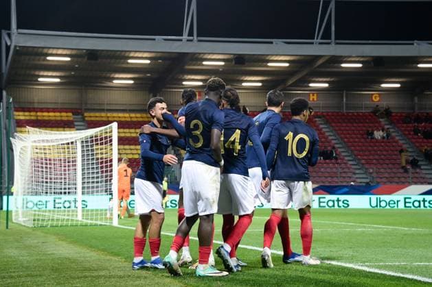 Jacquet ( 6 - France ) celebrates with teammates during the match between France and Estonia U19 at Stade de la Source on November 15, 2023 in Orleans, France. ( Photo by federico pestellini panoramic ) - FOOTBALL : France vs Estonie U19 - Orleans - 15 11 2023 FedericoPestellini Panoramic 