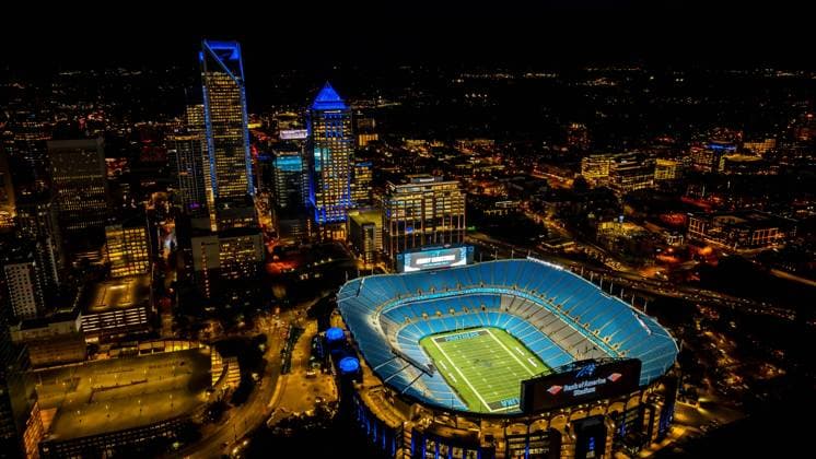 November 14, 2023, Charlotte, North Carolina, USA: Night aerial view of the Bank of America Stadium, home of the National Football League Carolina Panthers and MLS, Fussball Herren, USA Charlotte FC football club. Charlotte USA - ZUMAa161 20231114_aaa_a161_002 Copyright: xWalterxGxArcexSrxGrindstonexMedix