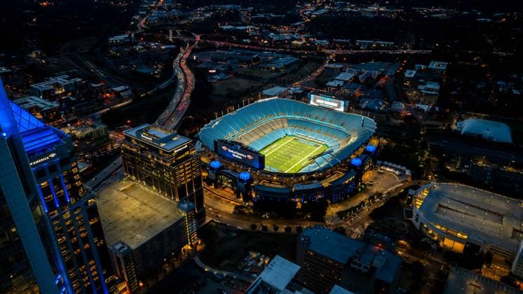November 14, 2023, Charlotte, North Carolina, USA: Night aerial view of the Bank of America Stadium, home of the National Football League Carolina Panthers and MLS, Fussball Herren, USA Charlotte FC football club. Charlotte USA - ZUMAa161 20231114_aaa_a161_005 Copyright: xWalterxGxArcexSrxGrindstonexMedix