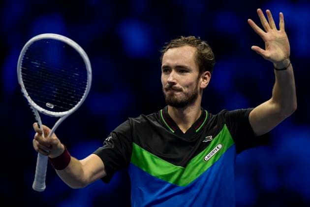 Nitto ATP, Tennis Herren Finals - Day Four Daniil Medvedev of Russia celebrates the victory at the end of the round robin singles match against Alexander Zverev of Germany during day four of the Nitto ATP Finals. Turin Italy Copyright: xNicolòxCampox