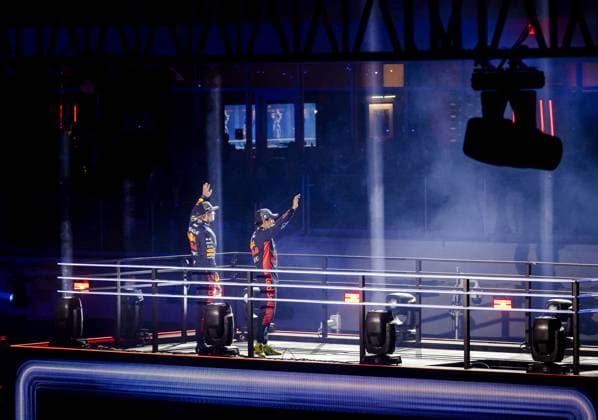 LAS VEGAS - Max Verstappen (Red Bull Racing) and Sergio Perez (Red Bull Racing) during the opening ceremony prior to the Formula 1 Grand Prix at the Las Vegas Strip Circuit. ANP SEM VAN DER WAL F1 Grand Prix of Las Vegas - Previews 2022 23 xVIxANPxSportx xxANPxIVx 483991203 originalFilename: 483991203.jpg
