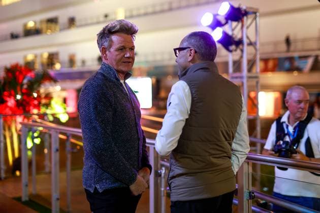 Gordon Ramsay (GBR), Stefano Domenicali (ITA, President & CEO of Formula 1 Group), F1 Grand Prix of Las Vegas at Las Vegas Strip Circuit on November 15, 2023 in Las Vegas, United States of America. (Photo by HOCH ZWEI) Las Vegas United States of America