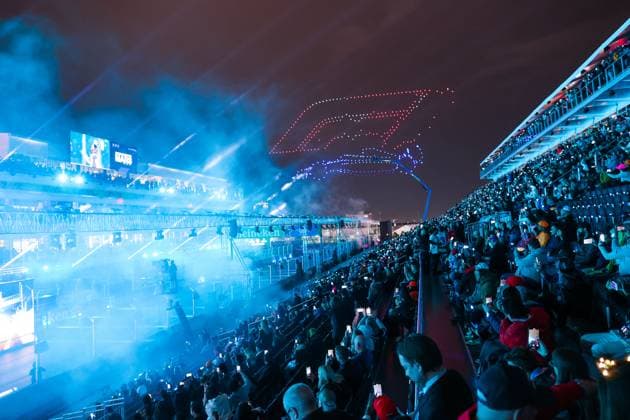 drone show from the grandstands, spectators, fans during the Las Vegas Grand Prix Opening Ceremony during the 2023 Formula 1 Heineken Silver Las Vegas Grand Prix, 21th round of the 2023 Formula One World Championship, WM, Weltmeisterschaft from November 17 to 19, 2023 on the Las Vegas Strip Circuit, in Las Vegas, USA - F1 - LAS VEGAS GRAND PRIX 2023 DPPI Panoramic  00123046_AV6_3446
