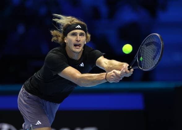 (231116) -- TURIN, Nov. 16, 2023 -- Alexander Zverev hits a return during the group stage match between Daniil Medvedev of Russia and Alexander Zverev of Germany at ATP, Tennis Herren Finals tennis tournament in Turin, Italy, Nov. 15, 2023. (Photo by Xinhua) (SP)ITALY-TURIN-TENNIS-ATP FINALS AlbertoxLingria 