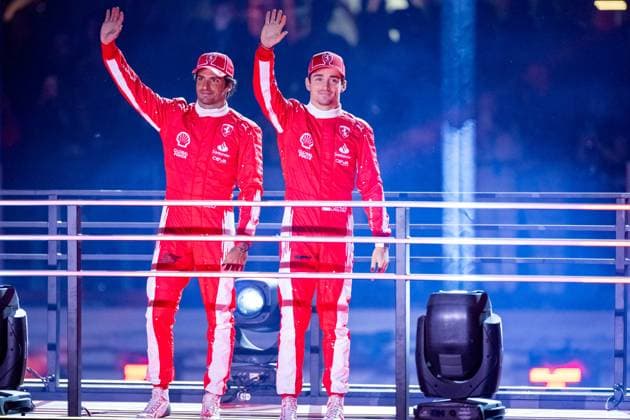 LAS VEGAS, NV - NOVEMBER 15: Ferrari driver Carlos Sainz (55) of Spain and Ferrari driver Charles Leclerc (16) of Monaco are introduced during the opening ceremony of the F1 Las Vegas Grand Prix on Wednesday, November 15 on the Las Vegas Street Circuit in Las Vegas, NV. (Photo by Bob Kupbens Icon Sportswire) AUTO: NOV 15 F1 Las Vegas Grand Prix EDITORIAL USE ONLY Icon231115029
