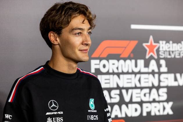 LAS VEGAS, NV - NOVEMBER 15: Mercedes driver George Russell (63) of United Kingdom poses on the red carpet before the F1 Las Vegas Grand Prix on Wednesday, November 15 on the Las Vegas Street Circuit in Las Vegas, NV. (Photo by Bob Kupbens Icon Sportswire) AUTO: NOV 15 F1 Las Vegas Grand Prix EDITORIAL USE ONLY Icon231116047