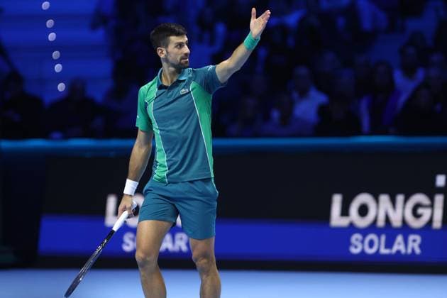 Novak Djokovic vs Hubert Hurkacz Novak Djokovic of Serbia gestures during the Round Robin singles match between Novak Djokovic of Serbia and Hubert Hurkacz of Poland on Day five of the Nitto ATP, Tennis Herren World Tour Finals. Torino Pala Alpitour Italy Copyright: xMarcoxCanonierox