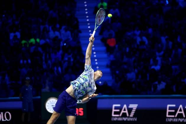 Novak Djokovic vs Hubert Hurkacz Hubert Hurkacz of Poland in action during the Round Robin singles match between Novak Djokovic of Serbia and Hubert Hurkacz of Poland on Day five of the Nitto ATP, Tennis Herren World Tour Finals. Torino Pala Alpitour Italy Copyright: xMarcoxCanonierox