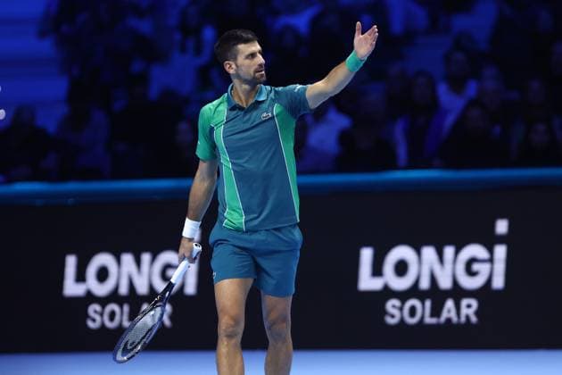 Novak Djokovic vs Hubert Hurkacz Novak Djokovic of Serbia gestures during the Round Robin singles match between Novak Djokovic of Serbia and Hubert Hurkacz of Poland on Day five of the Nitto ATP, Tennis Herren World Tour Finals. Torino Pala Alpitour Italy Copyright: xMarcoxCanonierox